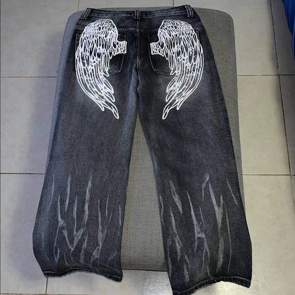 Disclosure Jeans with White Wing Design Streetwear BAGGY WIDE LEG
